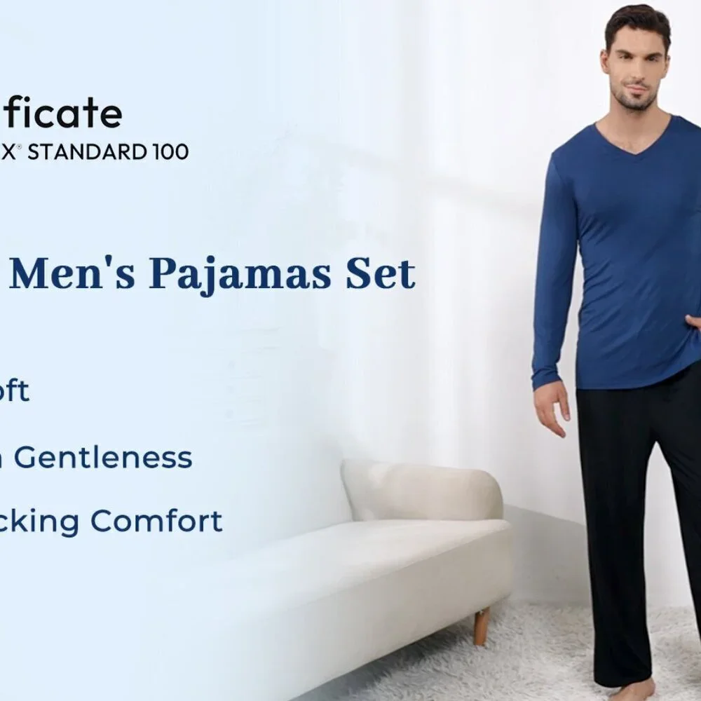 Men's Viscose Bamboo Pajama Set Long Sleeve V-Neck Comfy Sleepwear